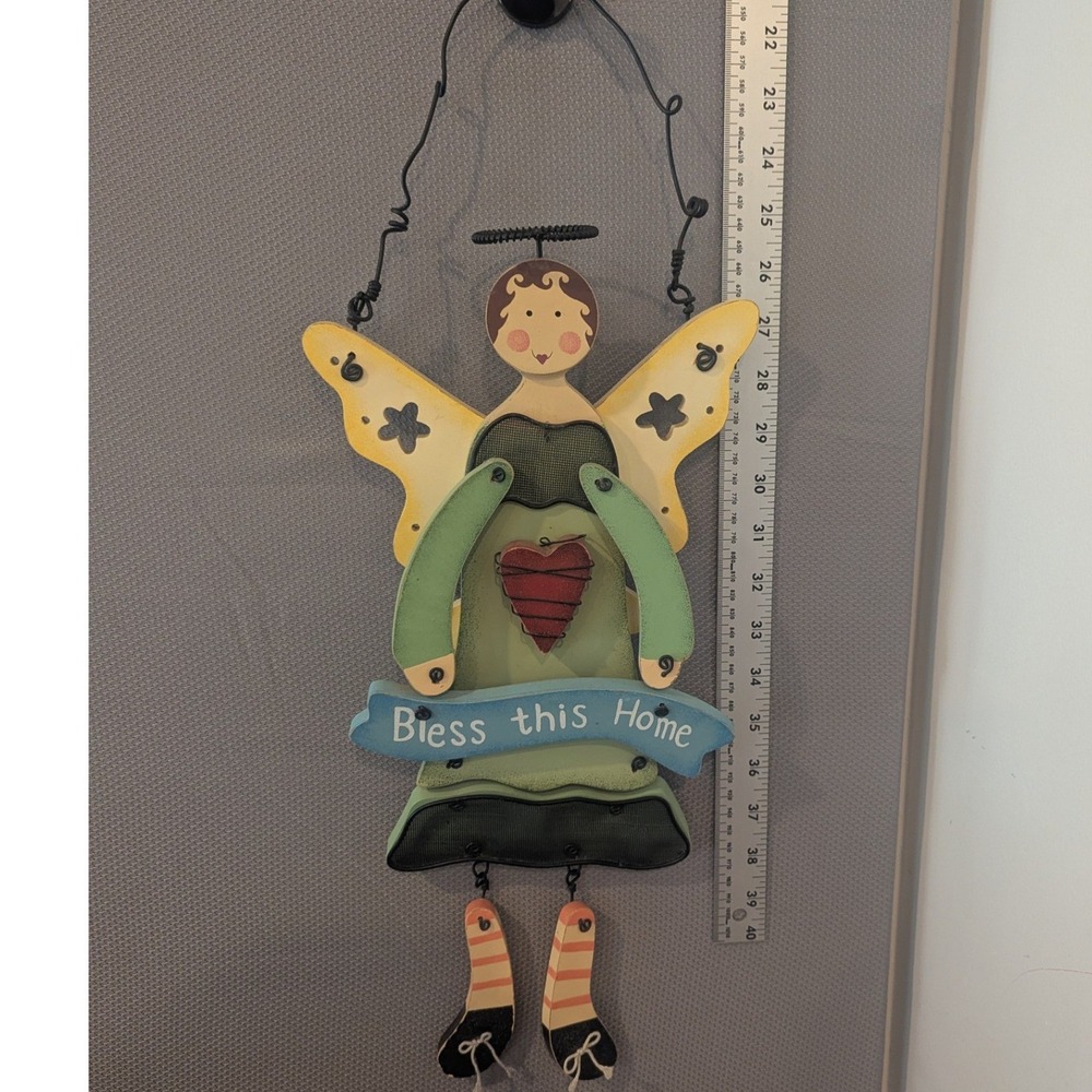 VTG Folk Art Wooden Metal Angel Wall Hanging Bless This Home Decor Whimsical 21"